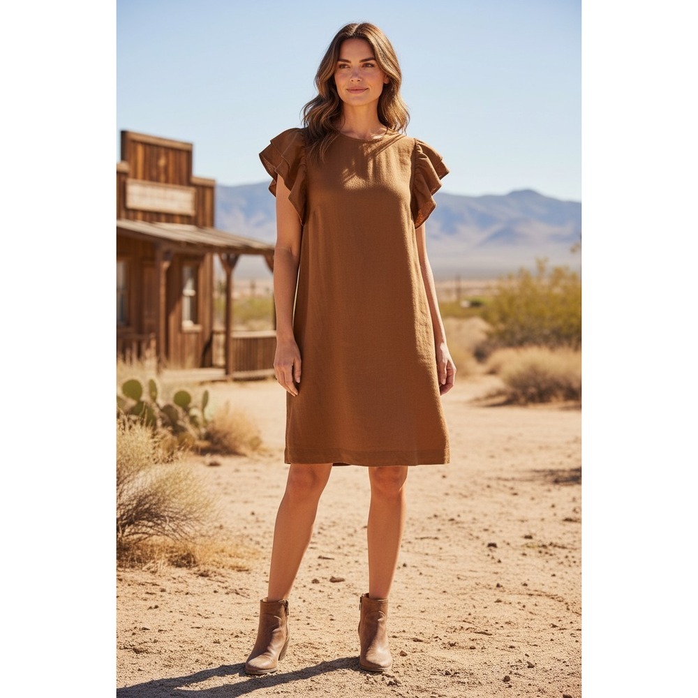 A New Day Linen Blend Ruffle Sleeve Shift Dress Womens Medium Brown Pockets Boho